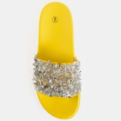 Sale Żółte klapki damskie z cyrkoniami Onesti Klapki Basenowe|Klapki Płaskie