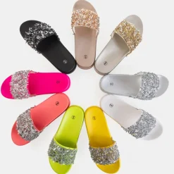 Sale Żółte klapki damskie z cyrkoniami Onesti Klapki Basenowe|Klapki Płaskie