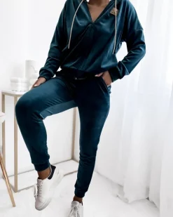 Online Turkusowy damski komplet dresowy z naszywką Damskie Spodnie Dresowe|Bluzy