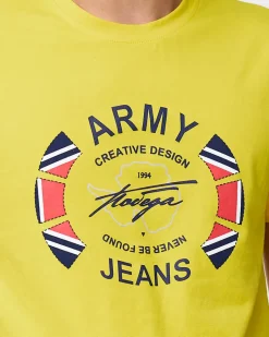 Outlet Żółty męski t-shirt z nadrukiem Bluzki