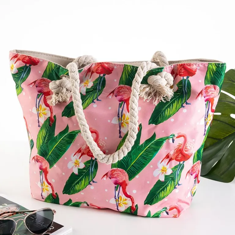 Hot Wielokolorowa plażowa torba z flamingami Damskie Materiałowe|Torby Plażowe