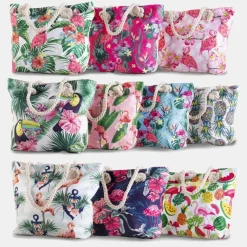 Hot Wielokolorowa plażowa torba z flamingami Damskie Materiałowe|Torby Plażowe