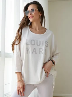 Outlet Wiskozowa damska bluzka z napisami z cyrkonii Bluzki / Koszule / Koszulki