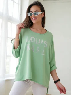 Outlet Wiskozowa damska bluzka z napisami z cyrkonii Bluzki / Koszule / Koszulki