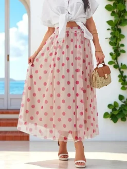 Outlet Wiskozowa damska spódnica midi z tiulem w kropeczki Spódnice