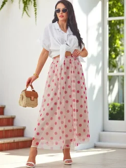 Outlet Wiskozowa damska spódnica midi z tiulem w kropeczki Spódnice