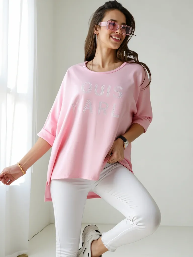 Sale Wiskozowa damska bluzka z napisami z cyrkonii Bluzki / Koszule / Koszulki