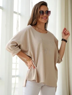 Wiskozowa damska bluzka z napisami z cyrkonii Bluzki / Koszule / Koszulki