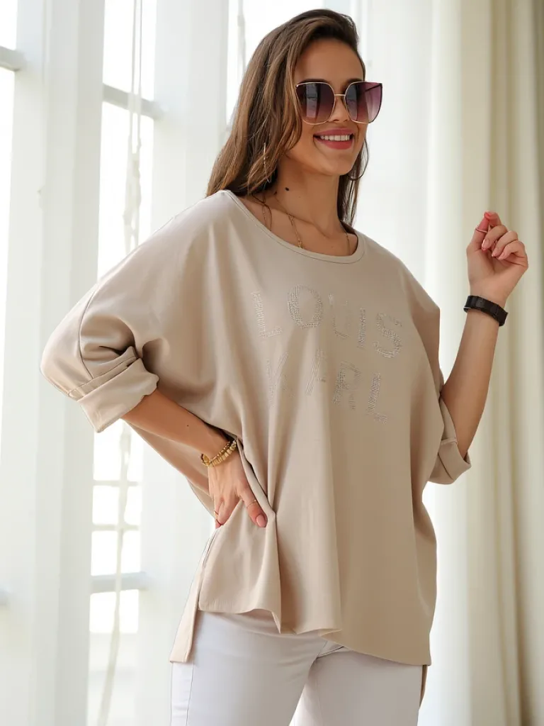 Wiskozowa damska bluzka z napisami z cyrkonii Bluzki / Koszule / Koszulki