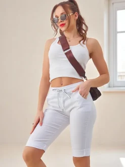 Online Wiskozowe materiałowe krótkie spodenki damskie do kolana Spodenki 3/4|Szorty