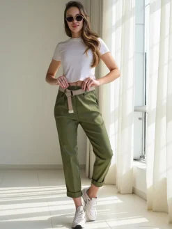 Sale Wiskozowe proste spodnie damskie z paskiem Spodnie Materiałowe