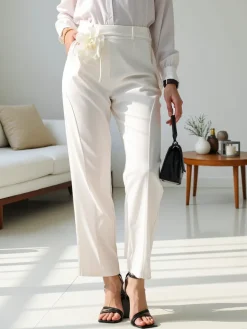 Wiskozowe proste spodnie damskie z kwiatem Spodnie Materiałowe