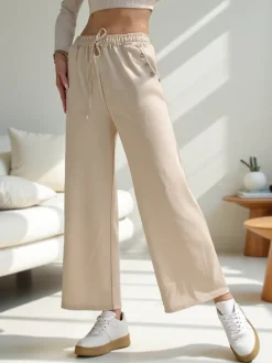 Discount Wiskozowe szerokie spodnie damskie dresowe z cyrkoniami Spodnie Materiałowe|Spodnie Dresowe