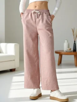 Best Wiskozowe szerokie spodnie damskie dresowe z cyrkoniami Spodnie Materiałowe|Spodnie Dresowe