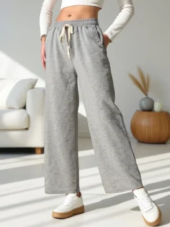 Online Wiskozowe szerokie spodnie damskie dresowe z cyrkoniami Spodnie Materiałowe|Spodnie Dresowe