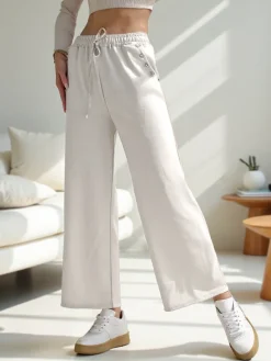 Best Wiskozowe szerokie spodnie damskie dresowe z cyrkoniami Spodnie Materiałowe|Spodnie Dresowe