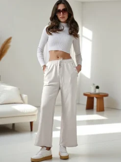 Best Wiskozowe szerokie spodnie damskie dresowe z cyrkoniami Spodnie Materiałowe|Spodnie Dresowe