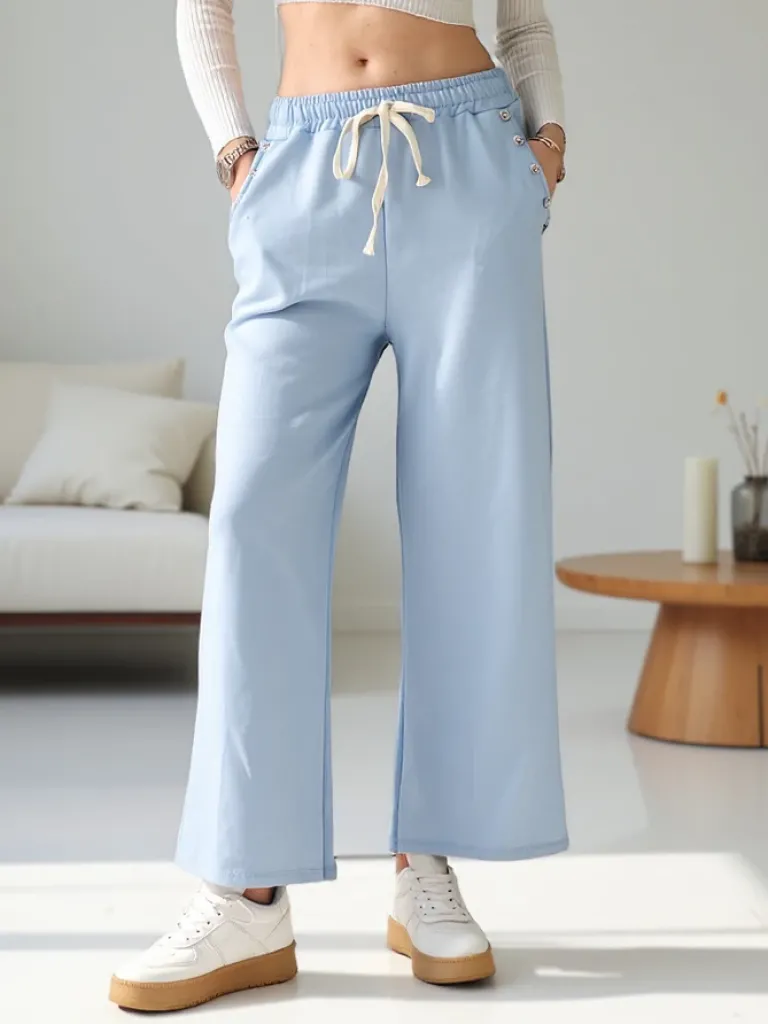 Wiskozowe szerokie spodnie damskie dresowe z cyrkoniami Spodnie Materiałowe|Spodnie Dresowe