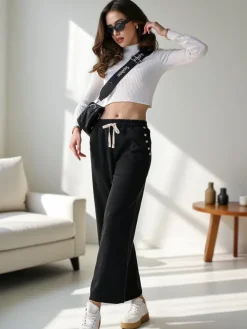 Clearance Wiskozowe szerokie spodnie damskie dresowe z cyrkoniami Spodnie Materiałowe|Spodnie Dresowe