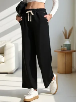 Clearance Wiskozowe szerokie spodnie damskie dresowe z cyrkoniami Spodnie Materiałowe|Spodnie Dresowe
