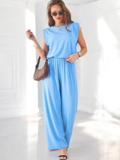 Best Wiskozowy damski komplet prążkowany, bez rękaw i z poszerzanymi spodniami Damskie Komplety Damskie