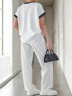 Sale Wiskozowy damski komplet z krótkim rękawem i poszerzanymi spodniami Damskie Komplety Damskie