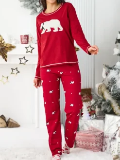 Outlet Świąteczna bawełniana piżama damska z misiem polarnym Piżamy