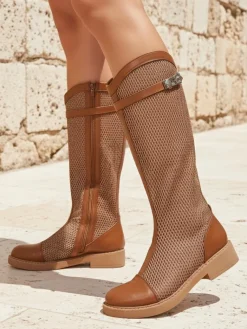 Hot Wysokie ażurowe damskie botki Ovittole Botki Bez Ocieplenia|Botki Na Płaskim Obcasie