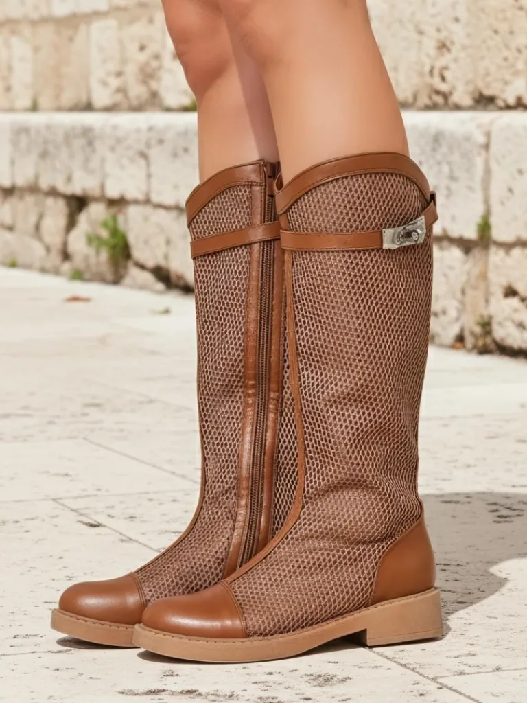 Hot Wysokie ażurowe damskie botki Ovittole Botki Bez Ocieplenia|Botki Na Płaskim Obcasie