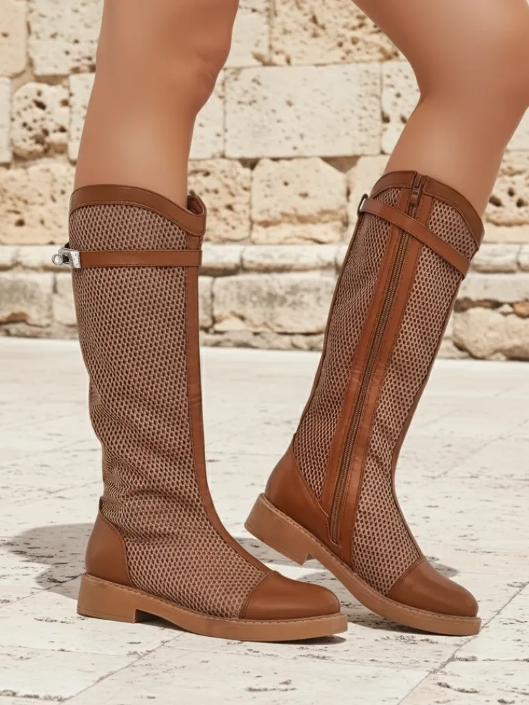 Hot Wysokie ażurowe damskie botki Ovittole Botki Bez Ocieplenia|Botki Na Płaskim Obcasie