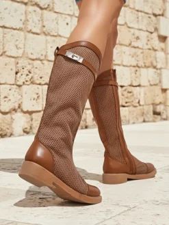 Hot Wysokie ażurowe damskie botki Ovittole Botki Bez Ocieplenia|Botki Na Płaskim Obcasie