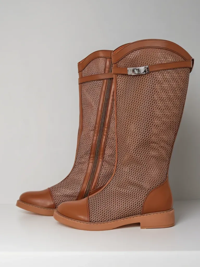 Hot Wysokie ażurowe damskie botki Ovittole Botki Bez Ocieplenia|Botki Na Płaskim Obcasie