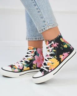 Wysokie grafitowe trampki damskie z nadrukiem w kolorowe kwiaty Fahenna Trampki