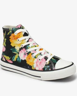 Wysokie grafitowe trampki damskie z nadrukiem w kolorowe kwiaty Fahenna Trampki
