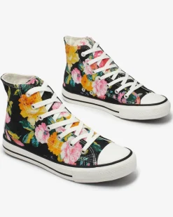 Wysokie grafitowe trampki damskie z nadrukiem w kolorowe kwiaty Fahenna Trampki