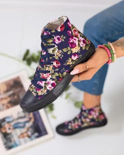 Wysokie granatowe trampki damskie w kolorowe kwiaty Soxic Trampki