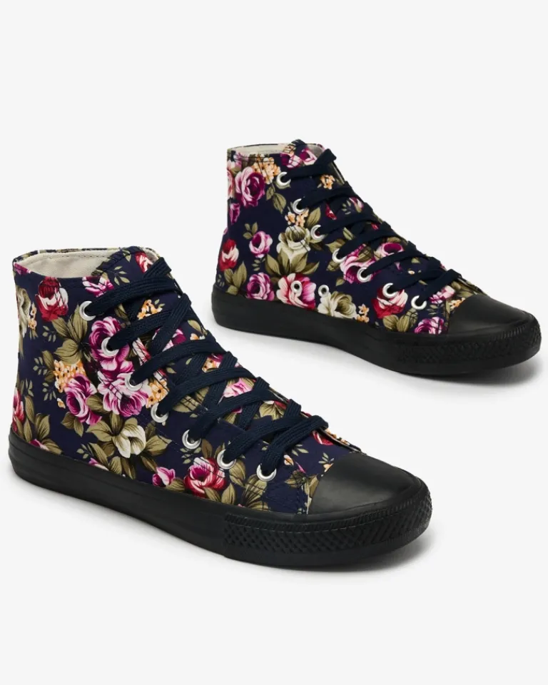 Wysokie granatowe trampki damskie w kolorowe kwiaty Soxic Trampki