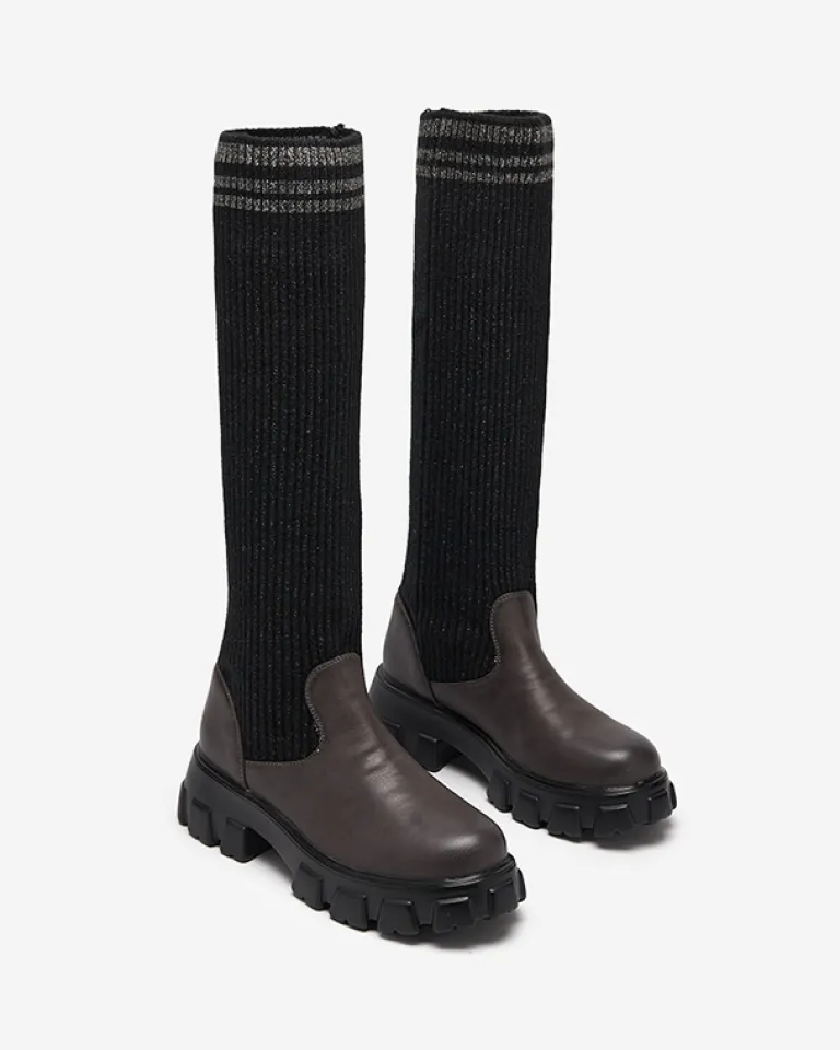 Clearance Wysokie wsuwane kozaki damskie w kolorze czarno - brązowym Alerpi Kozaki Na Płaskim Obcasie|Kozaki Bez Ocieplenia