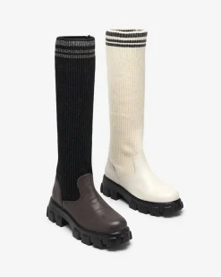 Clearance Wysokie wsuwane kozaki damskie w kolorze czarno - brązowym Alerpi Kozaki Na Płaskim Obcasie|Kozaki Bez Ocieplenia