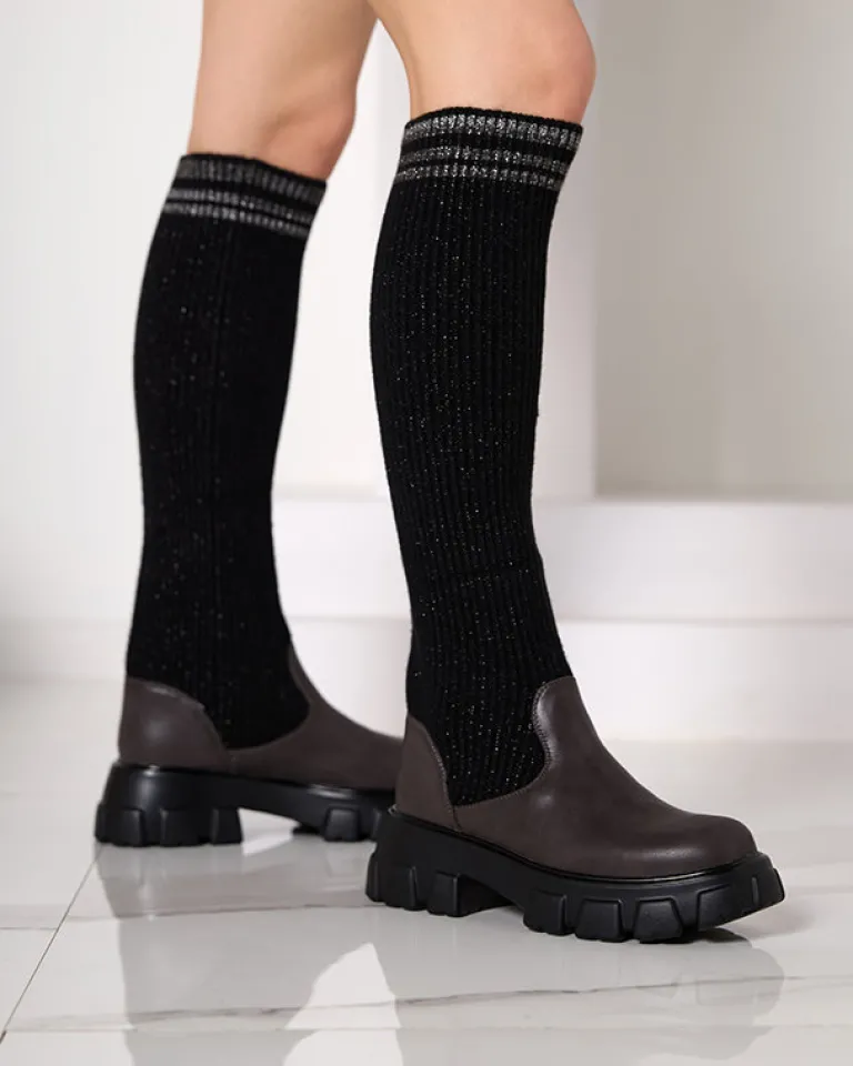 Clearance Wysokie wsuwane kozaki damskie w kolorze czarno - brązowym Alerpi Kozaki Na Płaskim Obcasie|Kozaki Bez Ocieplenia