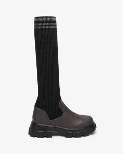 Clearance Wysokie wsuwane kozaki damskie w kolorze czarno - brązowym Alerpi Kozaki Na Płaskim Obcasie|Kozaki Bez Ocieplenia