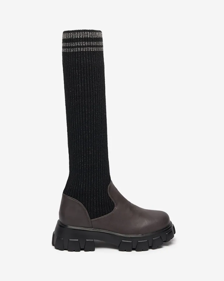 Clearance Wysokie wsuwane kozaki damskie w kolorze czarno - brązowym Alerpi Kozaki Na Płaskim Obcasie|Kozaki Bez Ocieplenia