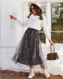 Outlet Wzorzysta damska spódnica midi z tiulem Spódnice