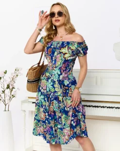 Hot Wzorzysta kobaltowa krótka sukienka damska Sukienki Letnie|Sukienki Krótkie