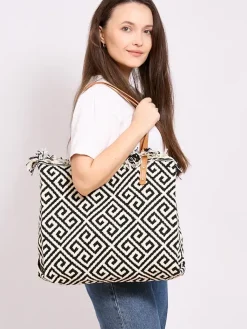 Best Wzorzysta pleciona torebka shopper Damskie Torebki Shoppers|Wiklinowe I Słomiane