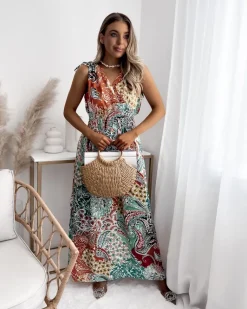 Outlet Wzorzysta zielono - pomarańczowa damska sukienka Sukienki Długie|Plus Size