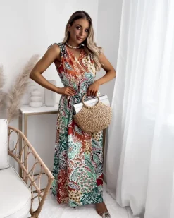 Outlet Wzorzysta zielono - pomarańczowa damska sukienka Sukienki Długie|Plus Size