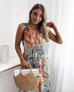 Outlet Wzorzysta zielono - pomarańczowa damska sukienka Sukienki Długie|Plus Size