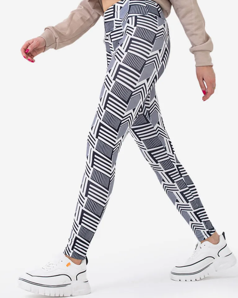 Wzorzyste damskie biało- czarne legginsy z wysokim stanem Legginsy / Tregginsy