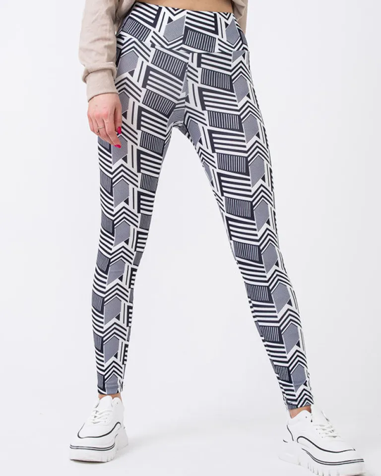 Wzorzyste damskie biało- czarne legginsy z wysokim stanem Legginsy / Tregginsy